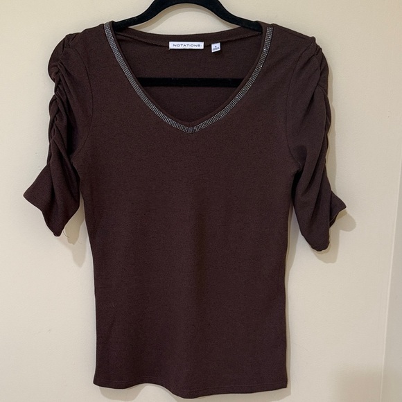 Notations Tops - Notations Chocolate Short Sleeve Scrunchie Sleeve women’s blouse Size S Stretch